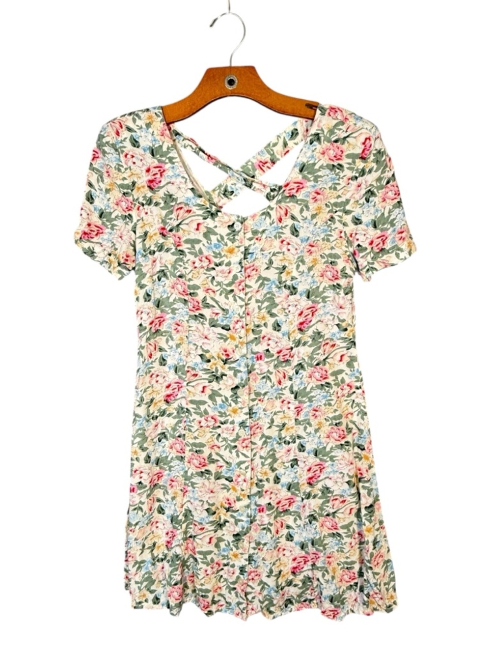 Vintage Floral Mini Dress Cottagecore Short Sleeve Spring S